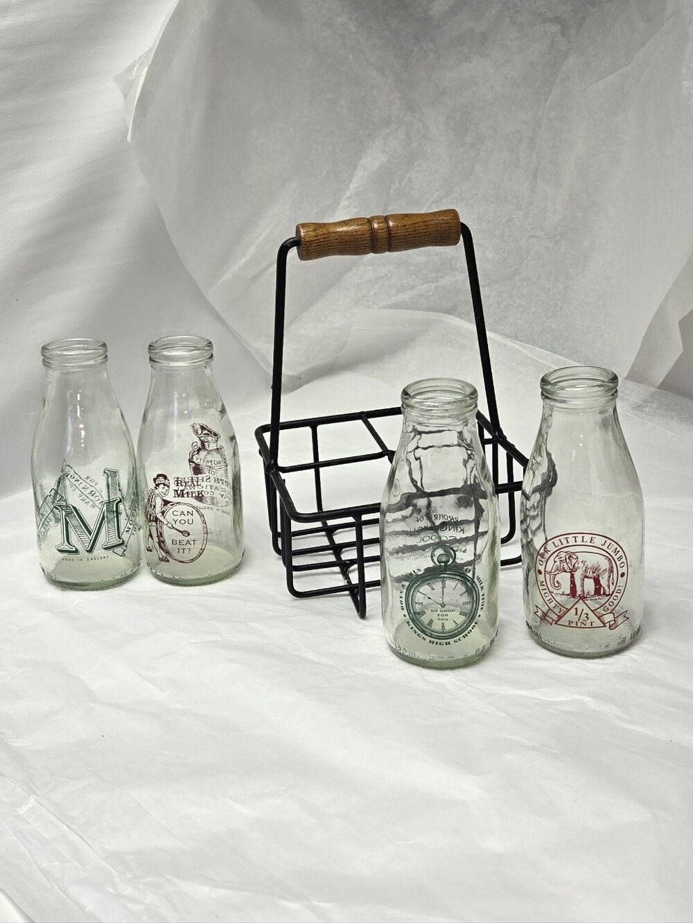 UK School Glass Milk Bottles with Black Metal Carrier and Wood Handle